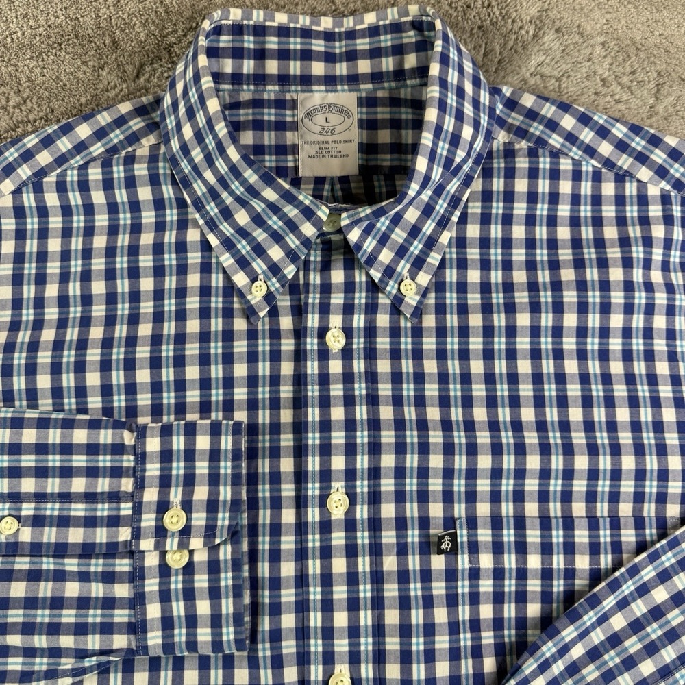 Brooks Brothers 346 Shirt Men's L Blue Check Plaid Logo Button Down Long Sleeve